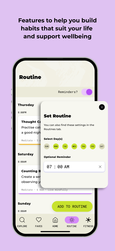 Smiling Mind: Mental Wellbeing - User interface for setting daily mental fitness routines and reminders in the Smiling Mind app