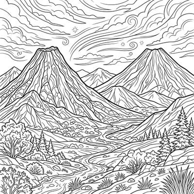 Unleash your creativity with this stunning coloring page featuring a majestic landscape of dormant volcanoes. Discover a serene yet powerful scene, ready for your artistic touch.