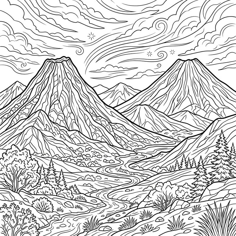 Unleash your creativity with this stunning coloring page featuring a majestic landscape of dormant volcanoes. Discover a serene yet powerful scene, ready for your artistic touch.