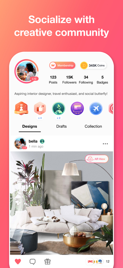 Perfil de usuario en la aplicación Decor Matters que muestra seguidores y publicaciones de diseño de interiores.