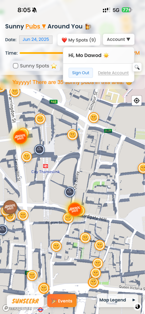 Map interface of the SunSeekr app showing real-time sunlight and shadow data for pubs in an urban area.
