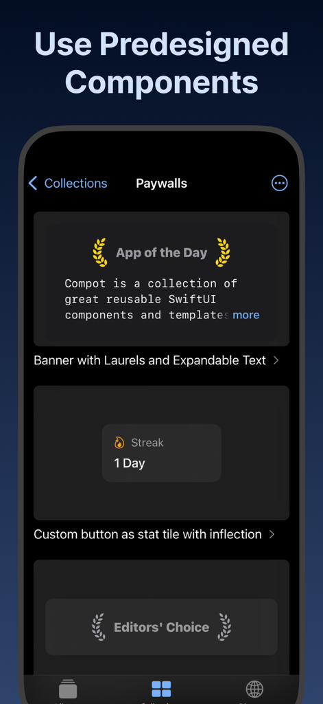 Compot: SwiftUI with AI - A screen from the Compot app displaying a library of predesigned SwiftUI components for paywalls including banners and custom tiles