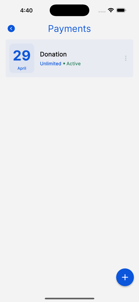 DigiPay App - DigiPay App-Oberfläche, die einen aktiven Spenden-Zahlungseintrag in der Zahlungsliste zeigt