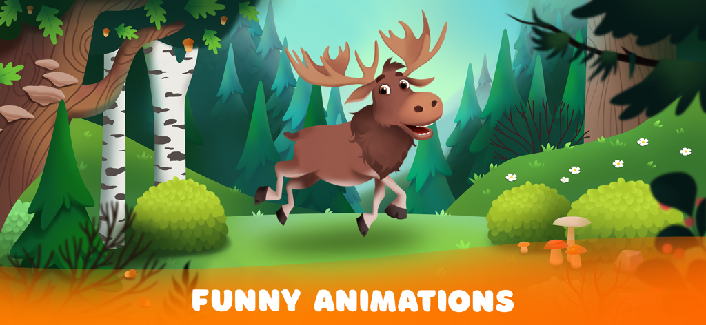 Puzzle Me! Kids Animal Jigsaw - Un élan dessin animé sautant dans une forêt verte avec le texte animations amusantes