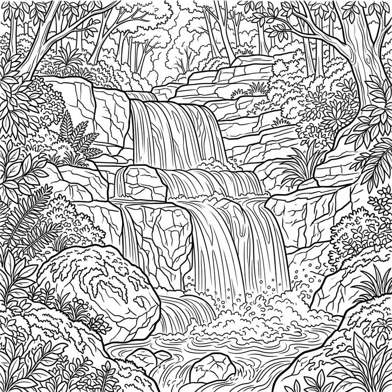 Dive into the tranquil beauty of nature with this intricate cascade waterfall coloring page. Explore the detailed rock formations and lush greenery as you bring this serene landscape to life with your favorite colors.