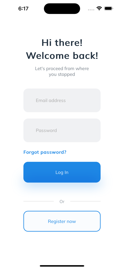 Login screen of the My Home Clinic app featuring fields for email and password with options to log in or register.