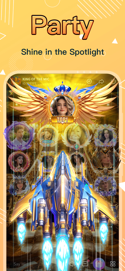 Haza - Group Voice Chat Rooms - Haza app screen showing a large spaceship virtual gift animation and user profiles in ornate golden frames