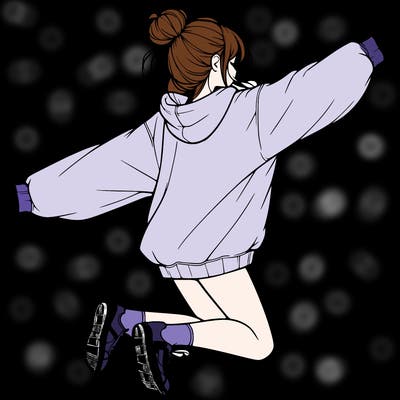 realistic girl jumping with a bun and oversized sweatshirt