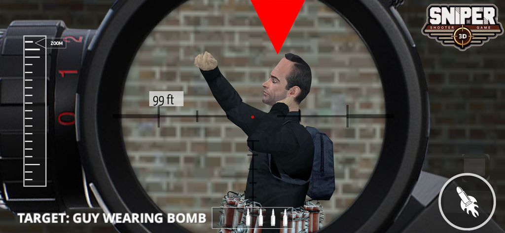 Jugabilidad de Sniper 3D mostrando la vista de la mira en primera persona apuntando a un hombre con chaleco explosivo