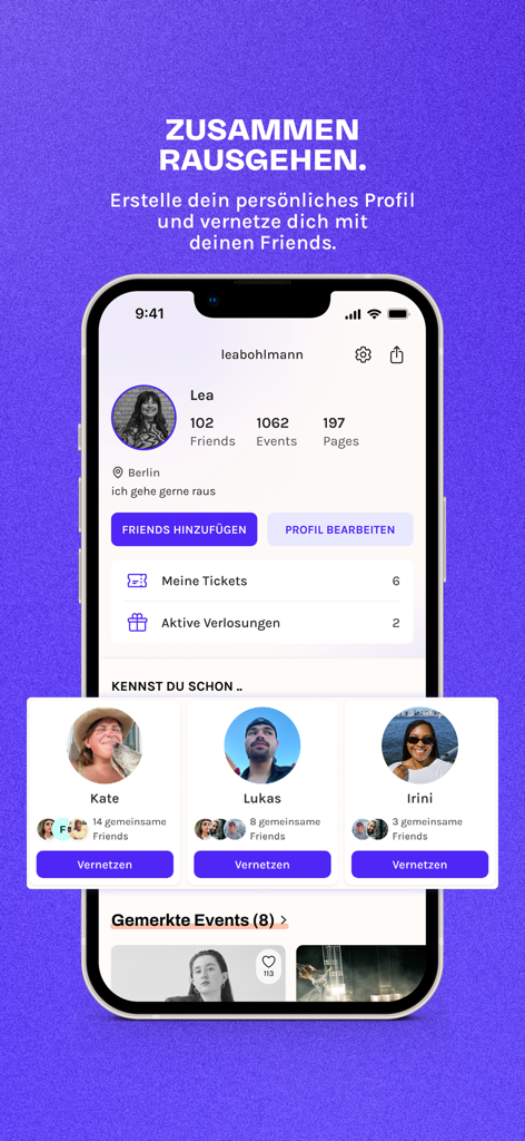 Rausgegangen app user profile showing friend connections and event discovery features