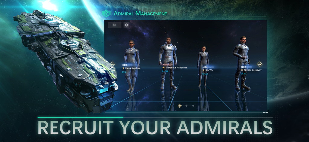 Recluta y gestiona a tus almirantes de flota en el juego móvil Nova Space Armada.