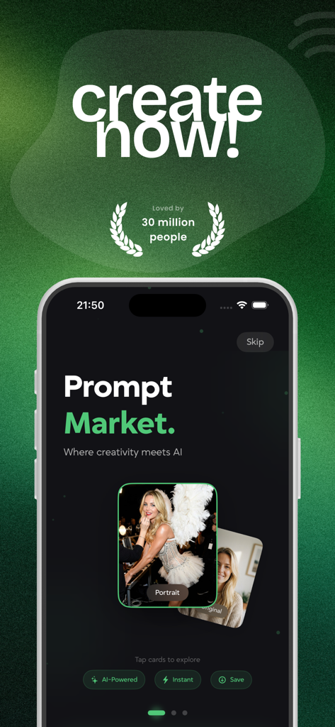 Prompt Market: AI Studio - Prompt Market AI Studio app onboarding screen showing AI generated portraits and the tagline Where creativity meets AI
