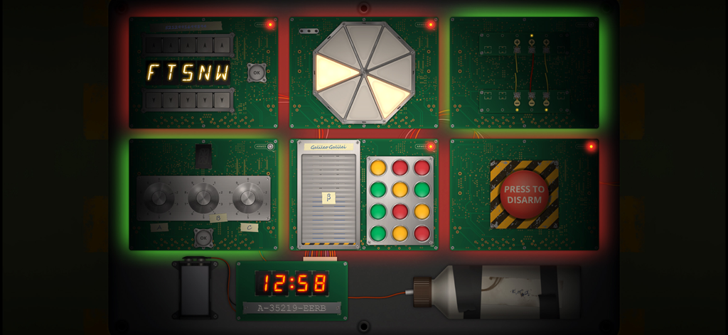 Digital bomb defusal interface with puzzle modules and a countdown timer