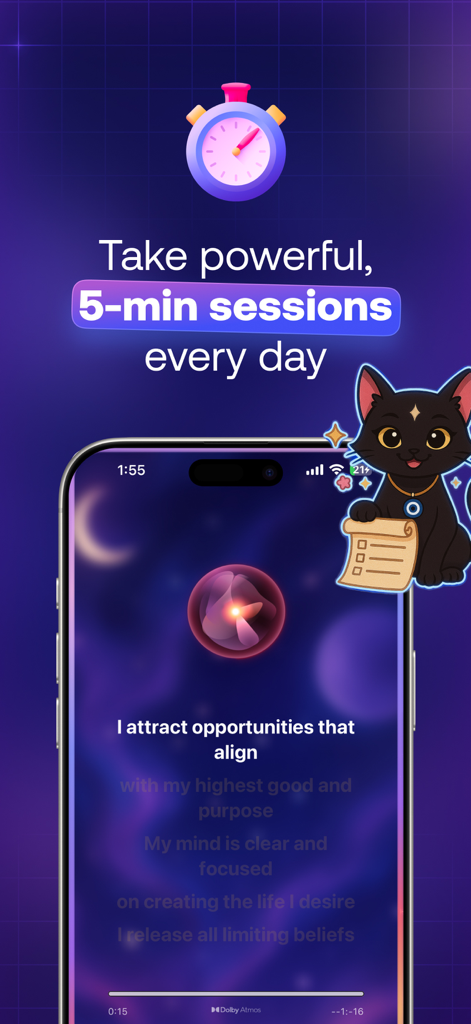 Vix Manifestation - Pantalla de smartphone mostrando una sesión diaria de manifestación con una afirmación positiva y un lindo coach de IA con forma de gato negro.