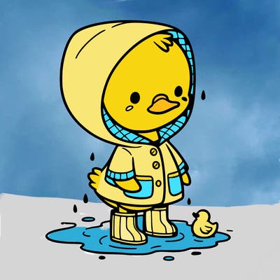 baby duck in a rain coat and boots, in a puddle while it’s raining