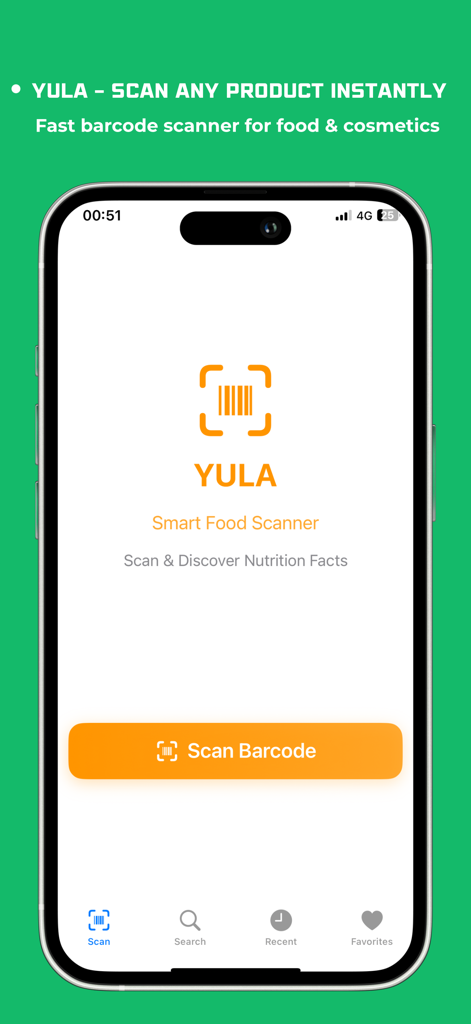 Yula - Food & Cosmetic Scanner - The home screen of the Yula app featuring a large orange scan barcode button and the smart food scanner logo