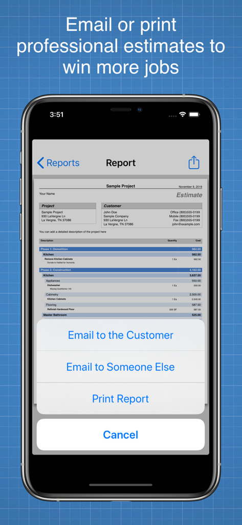 Construction Cost Estimator - An iPhone screen displaying a professional construction estimate report with options to email the customer or print the PDF.