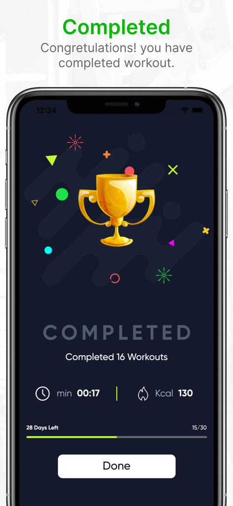 30 days Excercise challenge - Pantalla de aplicación móvil que muestra un mensaje de entrenamiento completado con un trofeo de oro y estadísticas de calorías quemadas