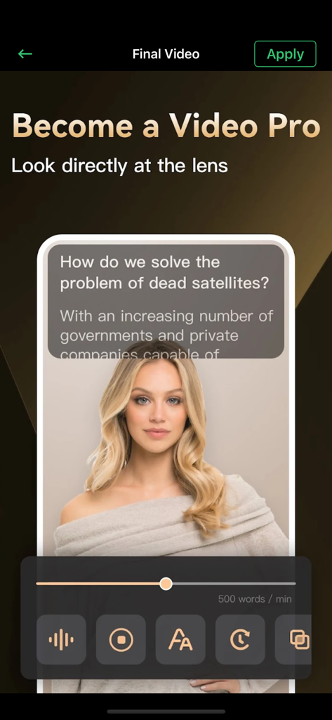 A woman recording a video with a script overlay using the BigV Teleprompter app interface showing scrolling text and speed controls.