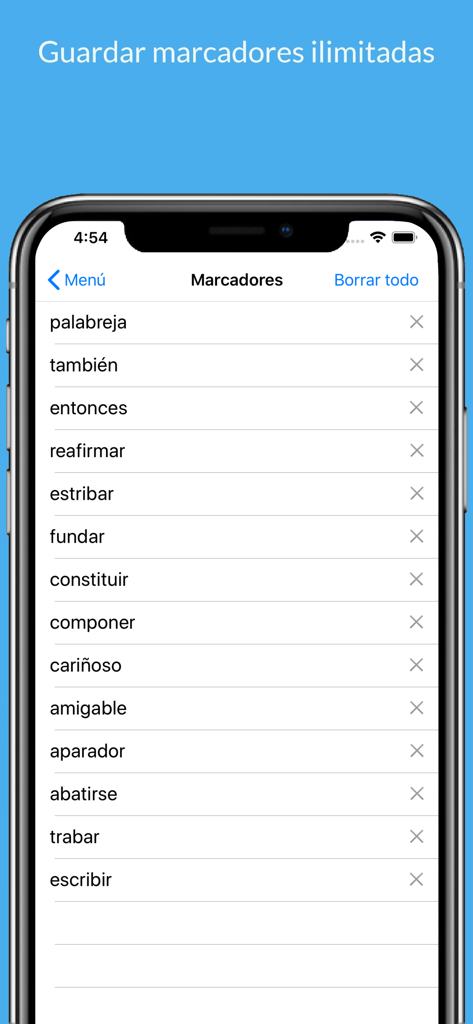 Diccionario español. - Interface showing a list of saved words in the bookmarks section of the Diccionario espanol mobile app