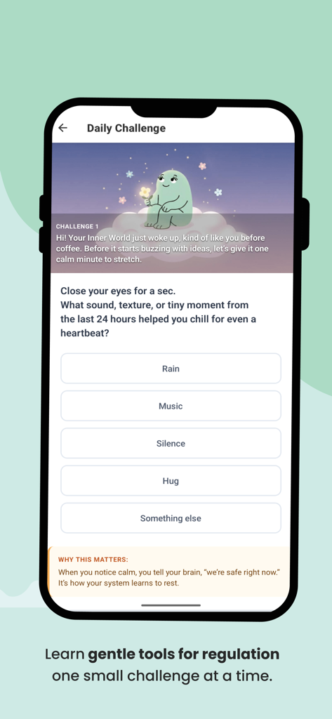 Lira for Neurodivergent Women - A daily challenge screen in the Lira app showing a gentle nervous system regulation exercise for neurodivergent women