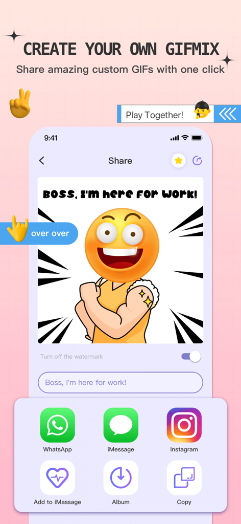 Tela do aplicativo Happy Stickers mostrando um GIF de emoji muscular personalizado e opções de compartilhamento social