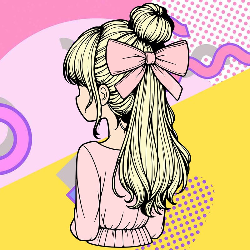 realistic girl  with hip length hair a bun and a big bow on the back of head