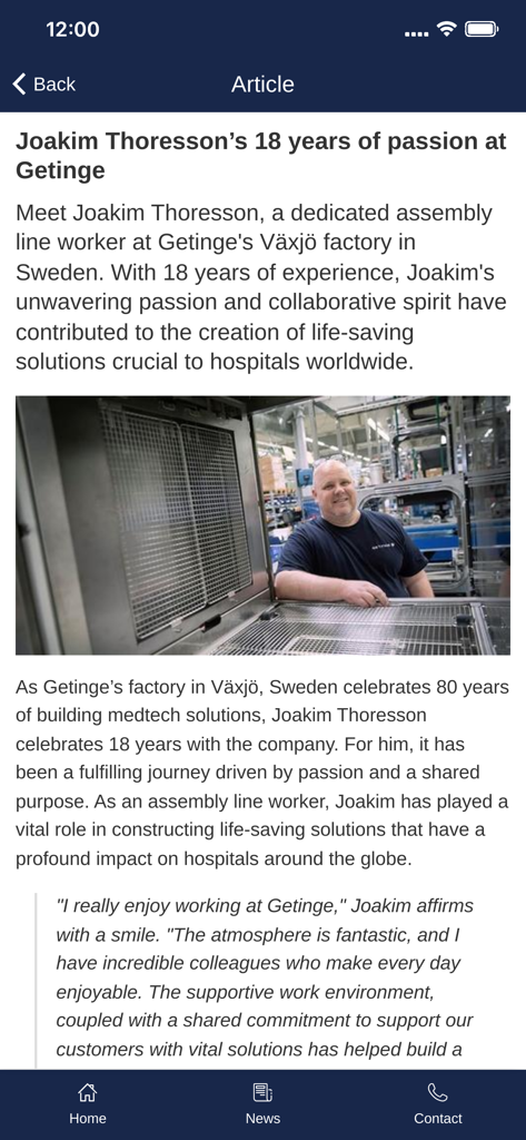 GetNet by Getinge - Internal news article on the GetNet app featuring a Getinge factory employee