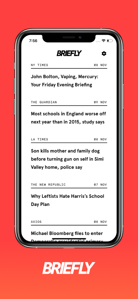 Briefly: Minimalist News - A minimalist news feed on an iPhone screen featuring headlines from major publishers in the Briefly app