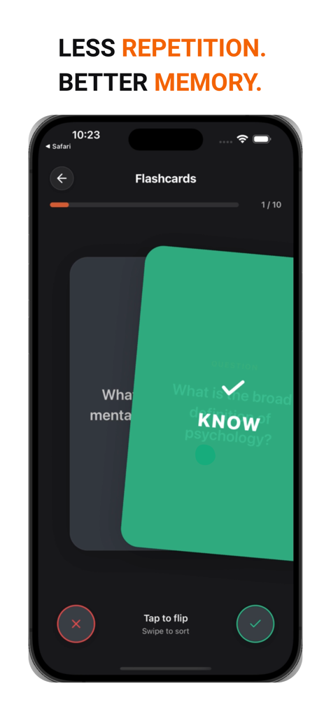 Interfaz de la aplicación móvil TikoNote que muestra tarjetas de memoria digitales para un estudio y retención de memoria efectivos