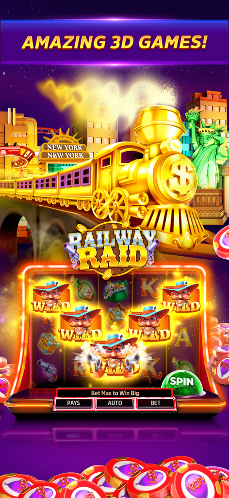 POP! Slots™ - Interfaccia della slot machine Railway Raid nel gioco mobile Pop Slots con un treno dorato e tema New York Vegas.