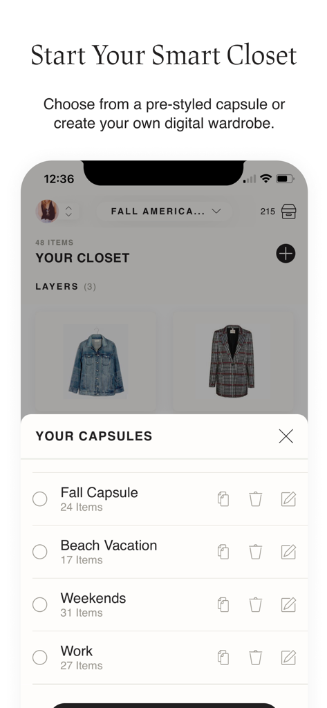 Interface of the Cladwell app showing different capsule wardrobe categories like Fall Capsule and Beach Vacation