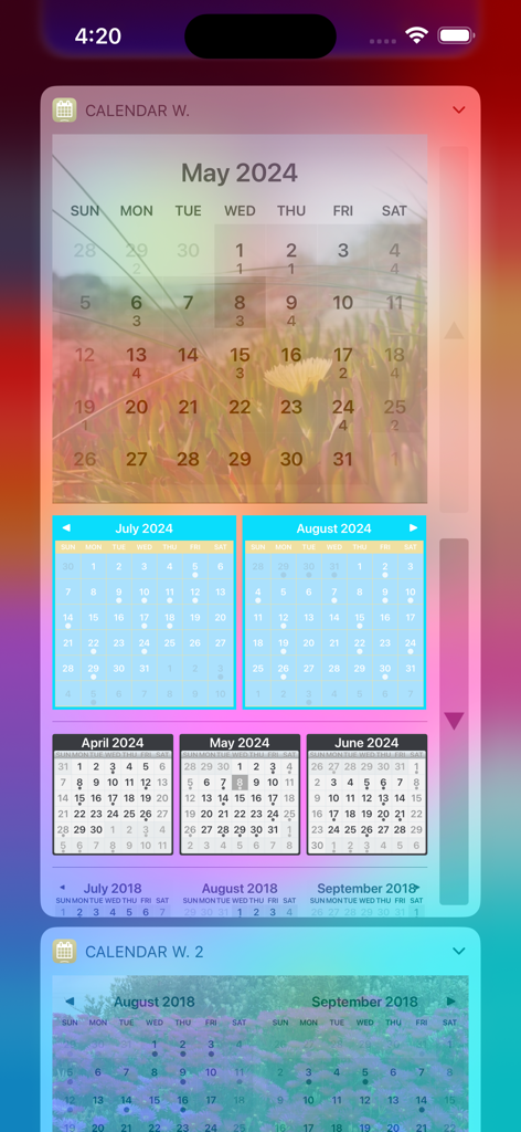 Calendar Widget - Vari widget mensili personalizzabili su uno schermo di iPhone che mostrano diversi temi e dimensioni