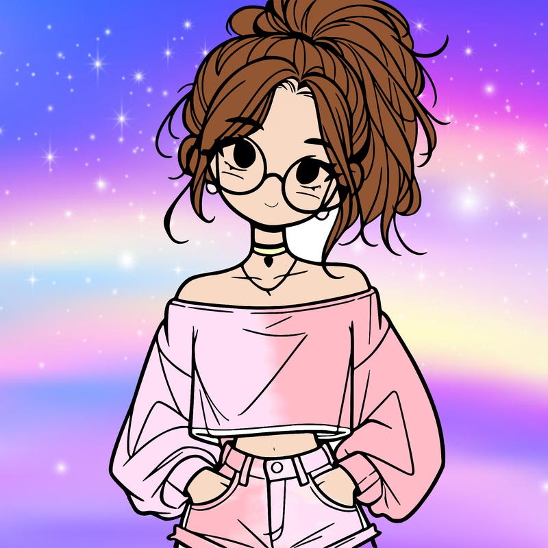 girl with a messy ponytail glasses a baggy crop top and jean shorts