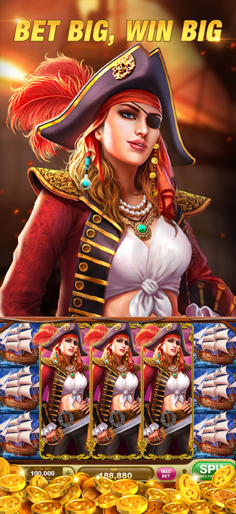 Pirate themed slot machine in Slots Rush game featuring a female pirate character and gold coins