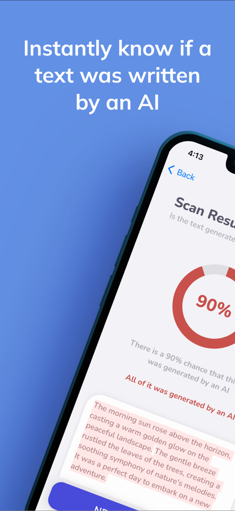 AI Detector & Undetectable AI - AI detector app interface showing a 90 percent AI scan result for a scanned text sample