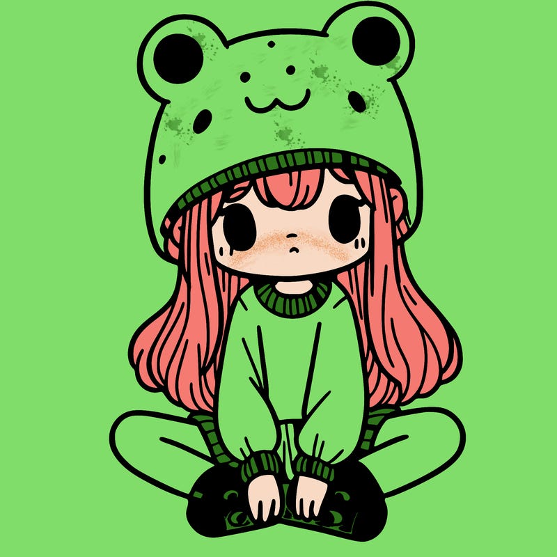 a girl wearing a frog hat and some frog socks