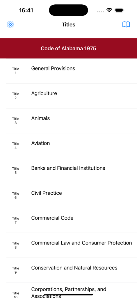 Table of contents showing various law titles within the Alabama Code 1975 mobile application.