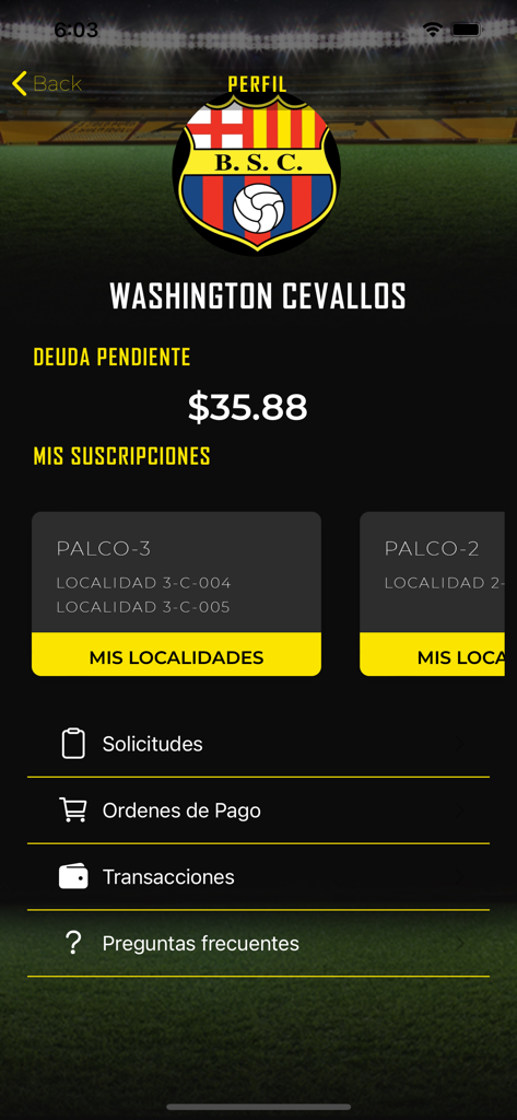 ユーザーの会員ステータスと未払い会費が表示されたバルセロナSCアプリのプロフィール画面