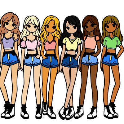 a group of girls wearing crop tops and shorts