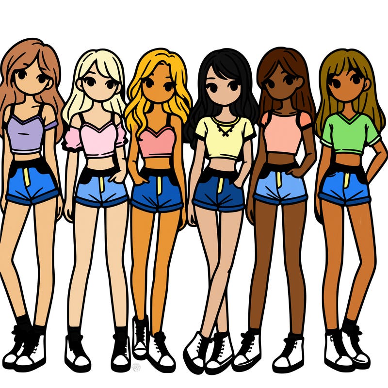 a group of girls wearing crop tops and shorts