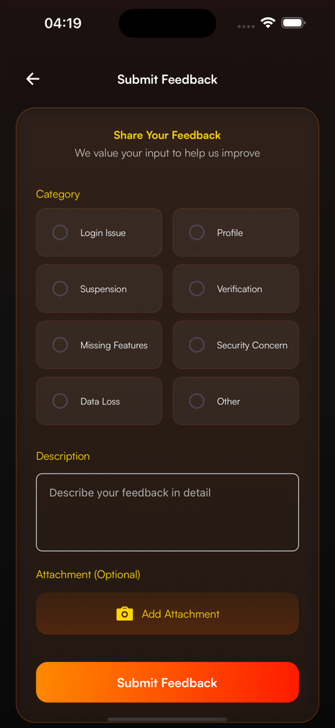 Tela de envio de feedback do aplicativo Tapify com categorias e campo de descrição