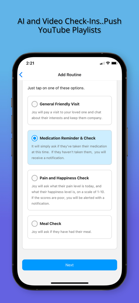 ONSCREEN Family - Senior Care - ONSCREEN app interface for adding senior care routines such as medication reminders and wellness check-ins.