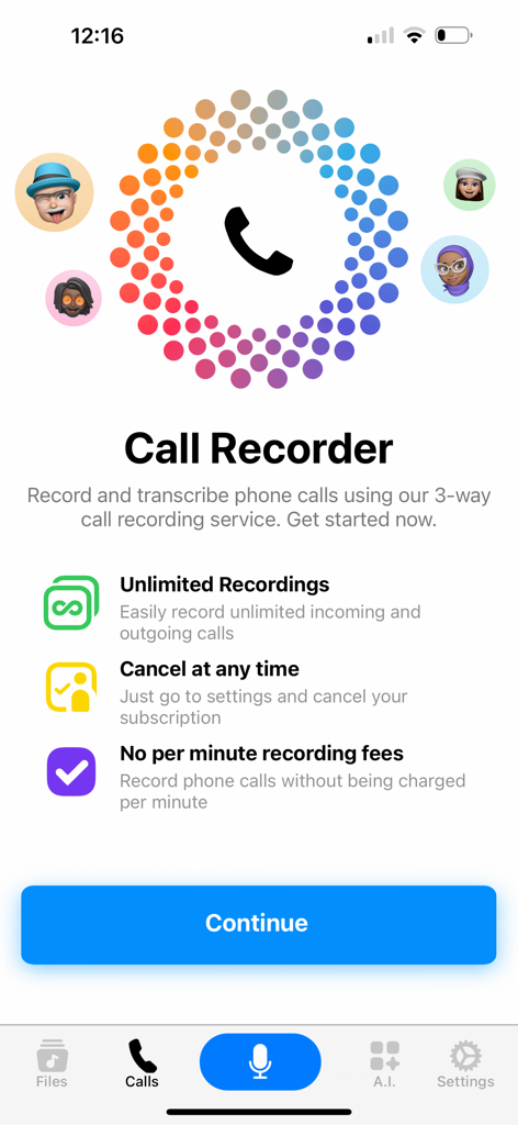 Interface for the Call Recorder feature showing unlimited recordings and no per minute fees.