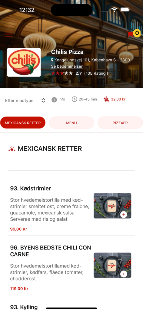 Chilis Pizza - Chilis Pizza app menu screen showing Mexican dishes and prices