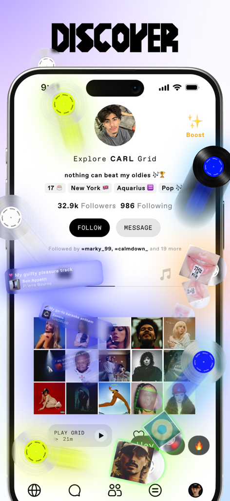 A user profile page on the EQUALS app featuring a digital vinyl wall and social media stats for music discovery