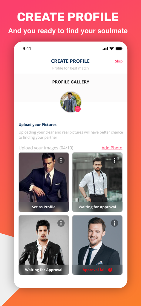 Nikkah app create profile screen with photo gallery and upload options