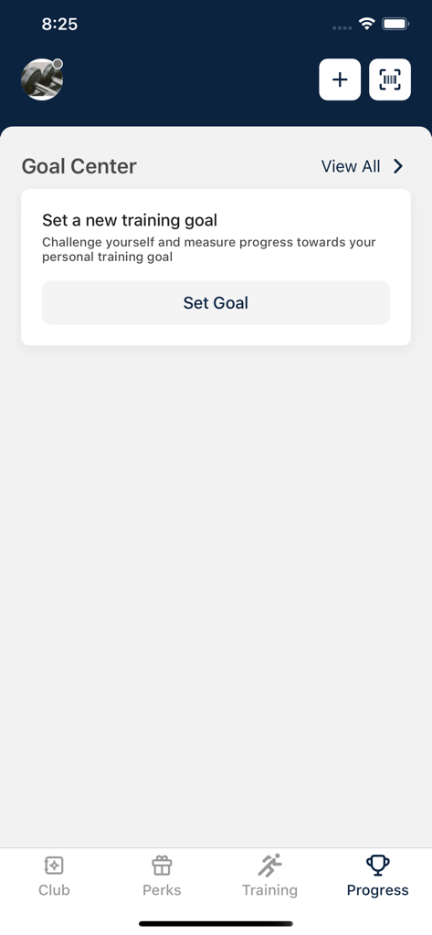 The Goal Center screen in the Anatomy fitness app showing a button to set a new training goal.