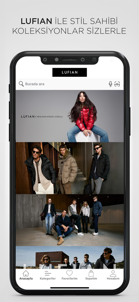 LUFIAN - Pantalla de inicio de la app móvil Lufian mostrando varias colecciones de moda y barra de búsqueda