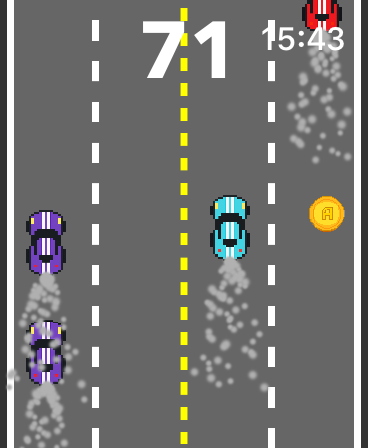 Watch Game Collection - Ein Pixel-Art-Rennspiel von oben auf einem Smartwatch-Bildschirm mit Autos und Münzen